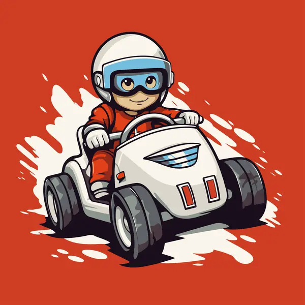Cartoon Ilustrace Malého Chlapce Řízení Závodní Auto Červeném Pozadí — Stockový vektor