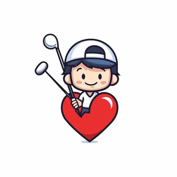Golf Player Boy Holding Golf Club Heart White Background — Stock Vector