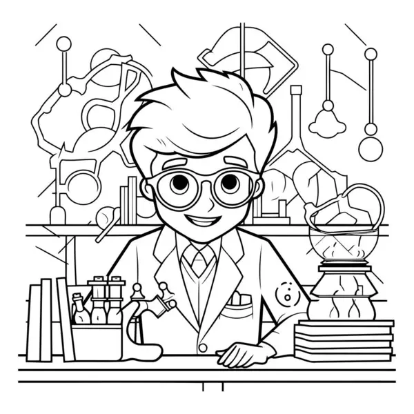 Laboratuvardaki bilim adamı. Boyama kitabı için siyah ve beyaz vektör çizimi.
