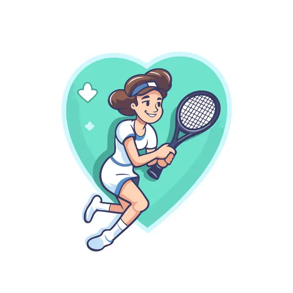 Giocatrice Tennis Con Racchetta Illustrazione Vettoriale Stile Cartone Animato Sfondo — Vettoriale Stock