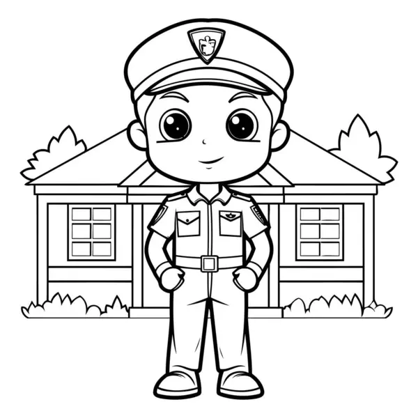 Dibujos Animados Blanco Negro Ilustración Lindo Personaje Policía Poco — Vector de stock