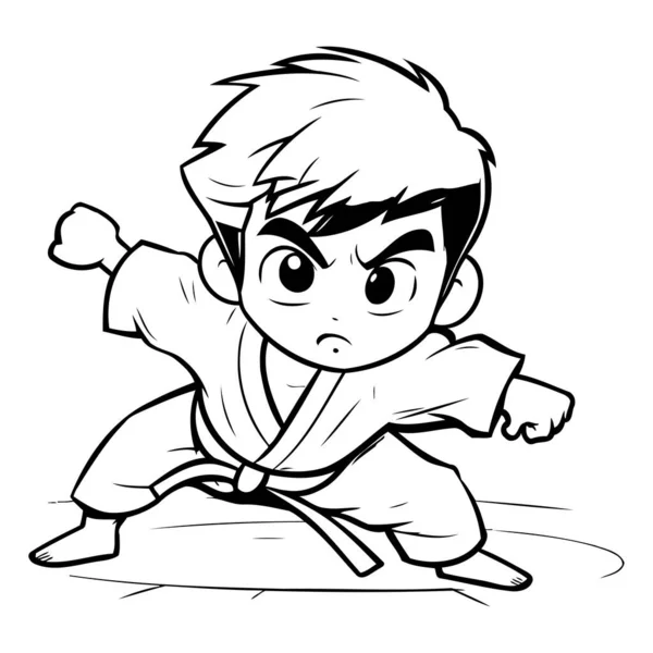 Karate Boy Black White Cartoon Illustration Karate Boy Coloring Book — Stock Vector