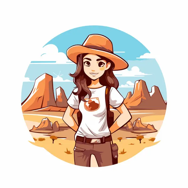 Beautiful Girl Cowboy Hat Desert Vector Illustration — Stock Vector