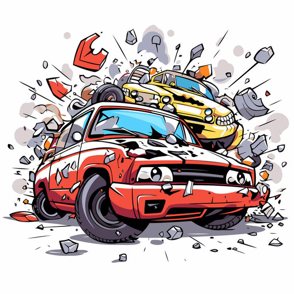 Cartoon car crash. Vector illustration of a car collision with another car.