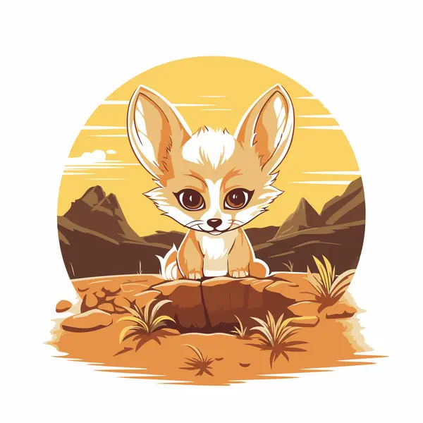 stock vector Cute little fox sitting on the rock in the desert. Vector illustration.