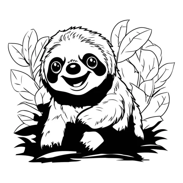 Çimenlerde oturan şirin tembel hayvanın siyah-beyaz çizimi.