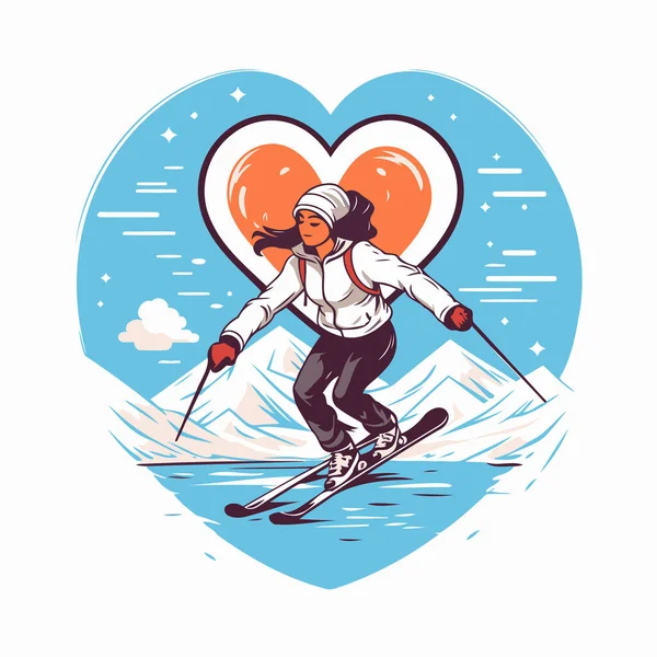 Miúda Esquiadora Nas Montanhas Ilustração Vetorial Esquiador Com Coração Nas — Vetor de Stock