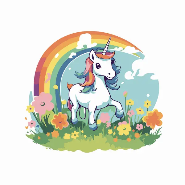 Unicorn Meadow Flowers Rainbow Vector Illustration — Stock Vector