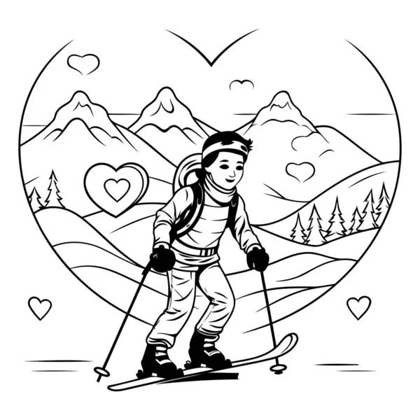 Mulher Esquiadora Nas Montanhas Ilustração Vetorial Linha Arte — Vetor de Stock