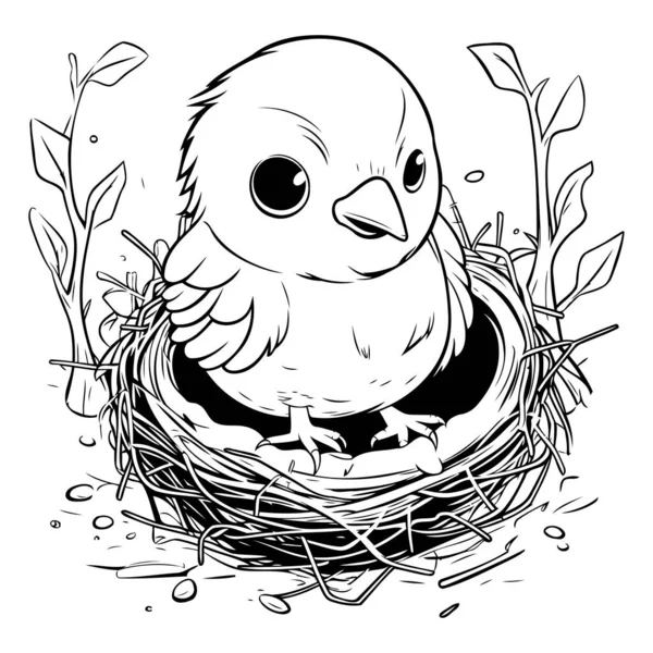 Cute Chick Nest Black White Vector Illustration — Stock Vector