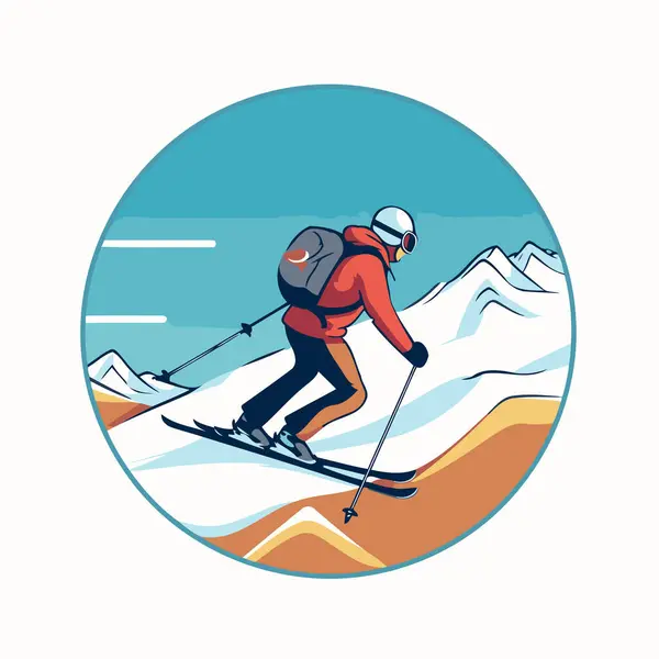 Dağlarda Kayak Yapan Bir Kayakçı Retro Biçiminde Vektör Illüstrasyonu — Stok Vektör