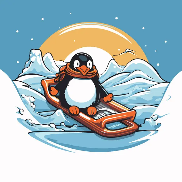 企鹅骑在雪地上的雪橇上 矢量说明 — 图库矢量图片#