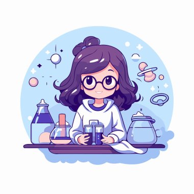 Gözlüklü şirin kız fen deneyleri yapıyor. Vektör illüstrasyonu.