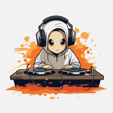 DJ kulaklık vektör illüstrasyonuyla turntable 'da müzik çalıyor.