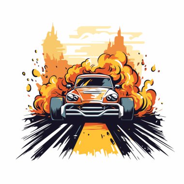 Yoldaki yanan bir arabanın vektör çizimi. Poster için tasarım elemanı. Kart. Pankart. imzala.
