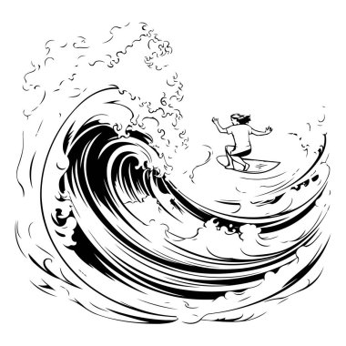 Dalgadaki sörfçü. siyah ve beyaz vektör çizimi. el çizimi