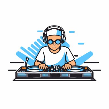 DJ pikapta müzik çalıyor. Düz biçim vektör illüstrasyonu.