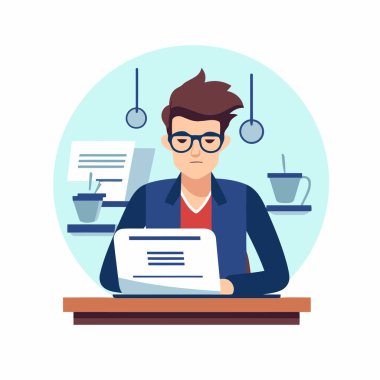 Masasında çalışan bir iş adamı. Düz biçimli vektör illüstrasyonu.