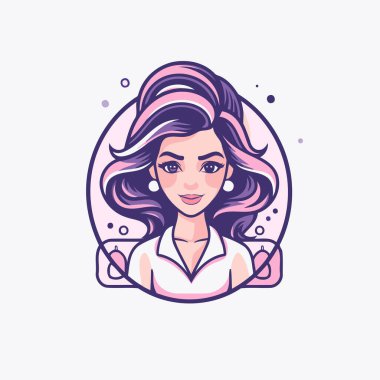 Yuvarlak çerçeveli pembe saçlı güzel bir kadın. Vektör illüstrasyonu.