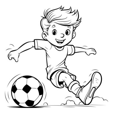 Futbol oynayan bir çocuğun vektör çizimi. Çocuklar için boyama kitabı.