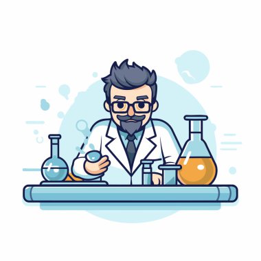 Laboratuvarda çalışan bir bilim adamının vektör çizimi. Düz biçim tasarımı.