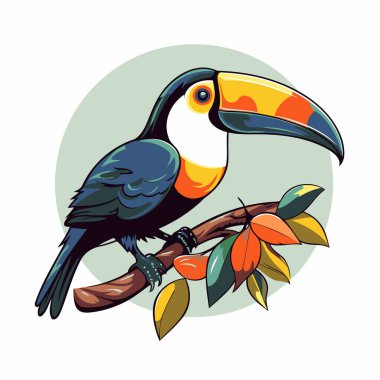 Yapraklı bir dalda tukan kuşu. Vektör illüstrasyonu.