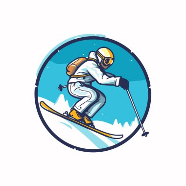 Kask ve gözlüklü snowboardcu kayak yapıyor. Beyaz arkaplanda vektör illüstrasyonu.