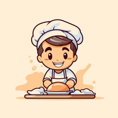 Üniformalı yakışıklı aşçı çocuk ve ekmek vektörü çizimi yapan şapka..