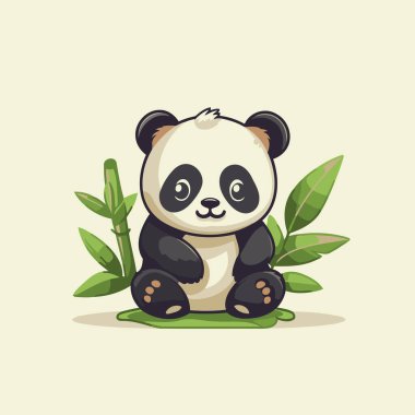 Çimlerin üzerinde oturan sevimli panda. Vektör çizgi film illüstrasyonu.