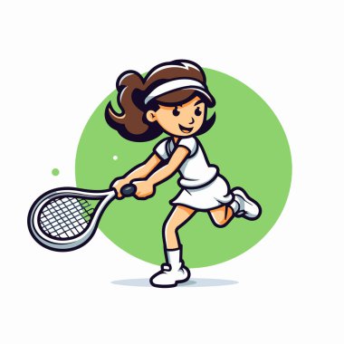 Tenis oynayan küçük kız. Tenis oynayan bir çocuğun vektör çizimi.