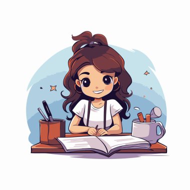 Küçük tatlı liseli kız ödevini yapıyor. Çizgi film tarzında vektör illüstrasyonu.
