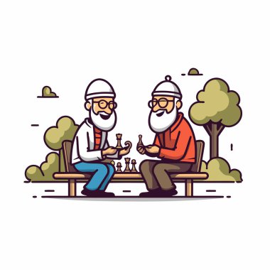 Büyükbabam ve büyükbabam parkta satranç oynuyorlar. Vektör illüstrasyonu.