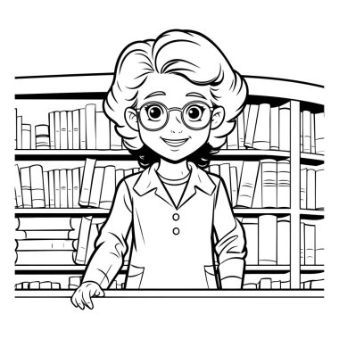 Kütüphanedeki Gözlüklü Küçük Kız 'ın Siyah ve Beyaz Çizgi Filmleri