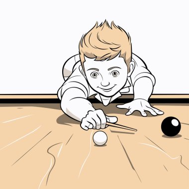 Bilardo oynayan genç bir adam. Çizgi film tarzında vektör illüstrasyonu