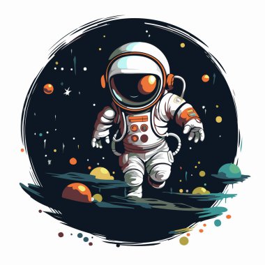 Gezegenin arka planında, uzayda bir astronot. Vektör illüstrasyonu
