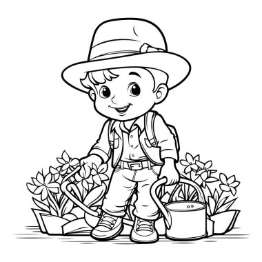 Küçük Bahçıvan Çocuk 'un Siyah ve Beyaz Çizgi Filmlerinde Boyama Kitabı İçin Su Kutusu