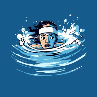 Denizde yüzen bir kadının vektör çizimi. Mavi arkaplanda izole.