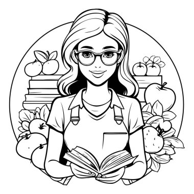 Elma ve kitap tasarımı yapan kız. Meyve sağlıklı organik gıda tatlı ve doğa temalı Vektör illüstrasyonu