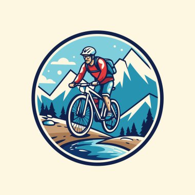 Dağ bisikletçisi dağlarda bir yolda gidiyor. Vektör illüstrasyonu.