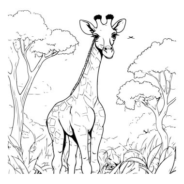 Savanadaki zürafa. Siyah ve beyaz vektör çizimi