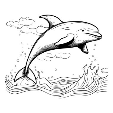 Yunus sudan atlıyor. Siyah beyaz vektör illüstrasyonu.