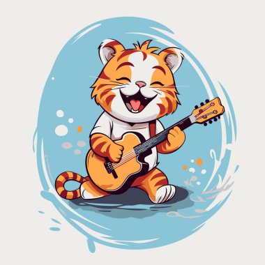 Gitar çalan sevimli kaplan. Gitar çalan bir kaplanın vektör çizimi.