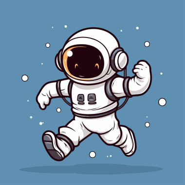Astronot kaçıyor. Vektör çizimi. Mavi arkaplanda çizgi film karakteri.