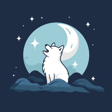 Ay 'ın arka planında sevimli bir kurt. Vektör illüstrasyonu.