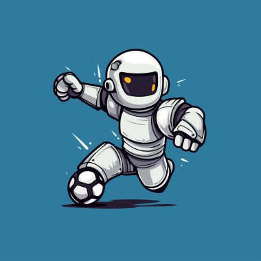 Astronot futbol topuyla koşuyor. Bir çizgi film karakterinin vektör illüstrasyonu.