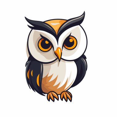 Baykuş başlı maskot beyaz arka planda izole edilmiş. Şirin çizgi film vektör illüstrasyonu.