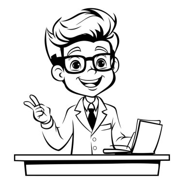 Bir Erkek Bilim Adamı veya Profesör Sunum Yaparken Siyah ve Beyaz Çizgi Film Çizimi