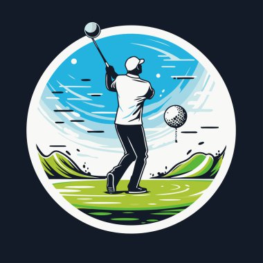 Golf kulübü logosu. Golfçü iş başında. Vektör illüstrasyonu.