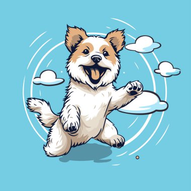 Bulutlarla gökyüzünde zıplayan sevimli çizgi film köpeği. Vektör illüstrasyonu.