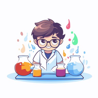 Laboratuvardaki sevimli küçük bilim adamı çocuk. Vektör çizgi film illüstrasyonu.